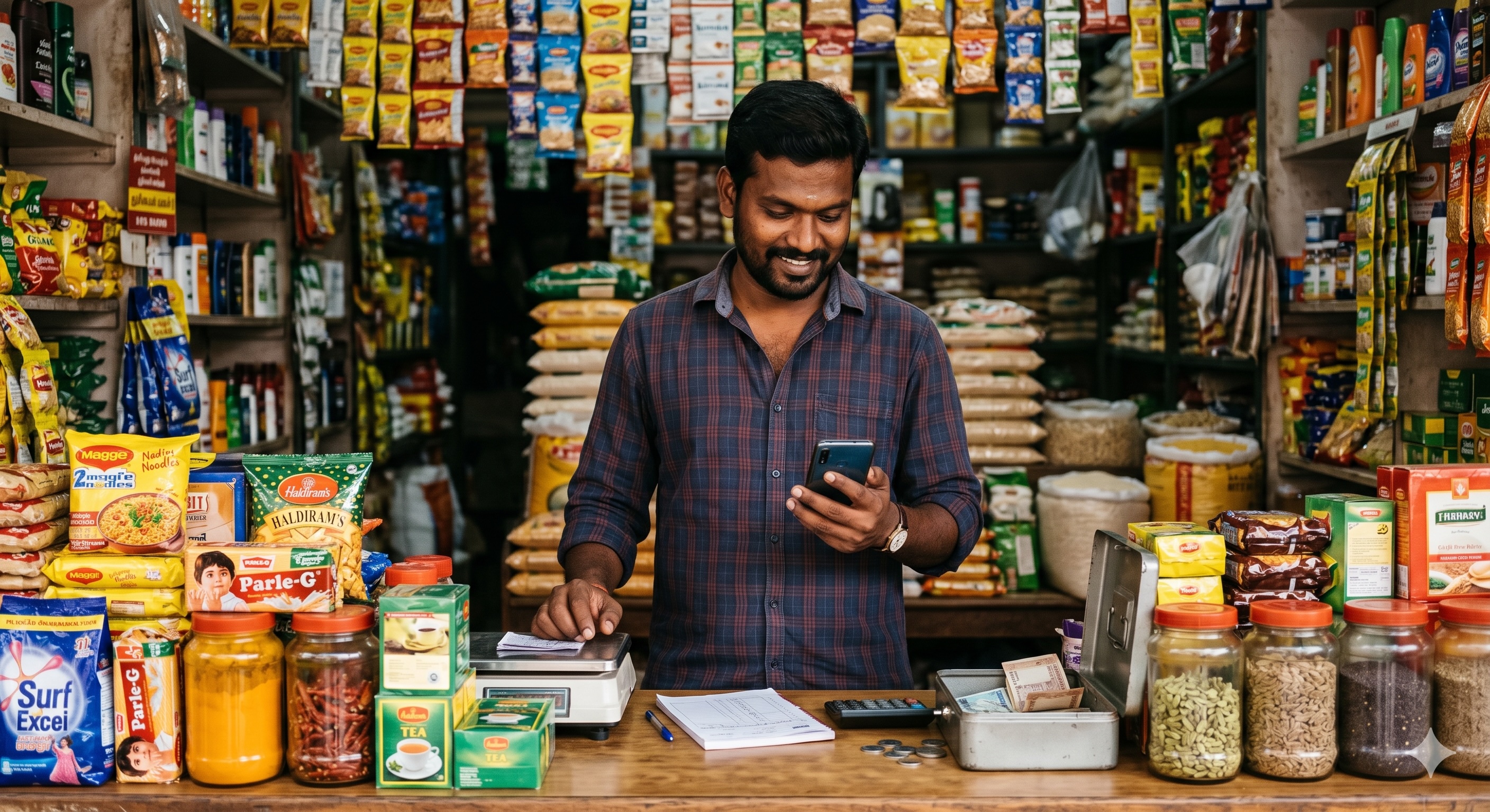 South Indian kirana shop owner managing daily operations with smartphone