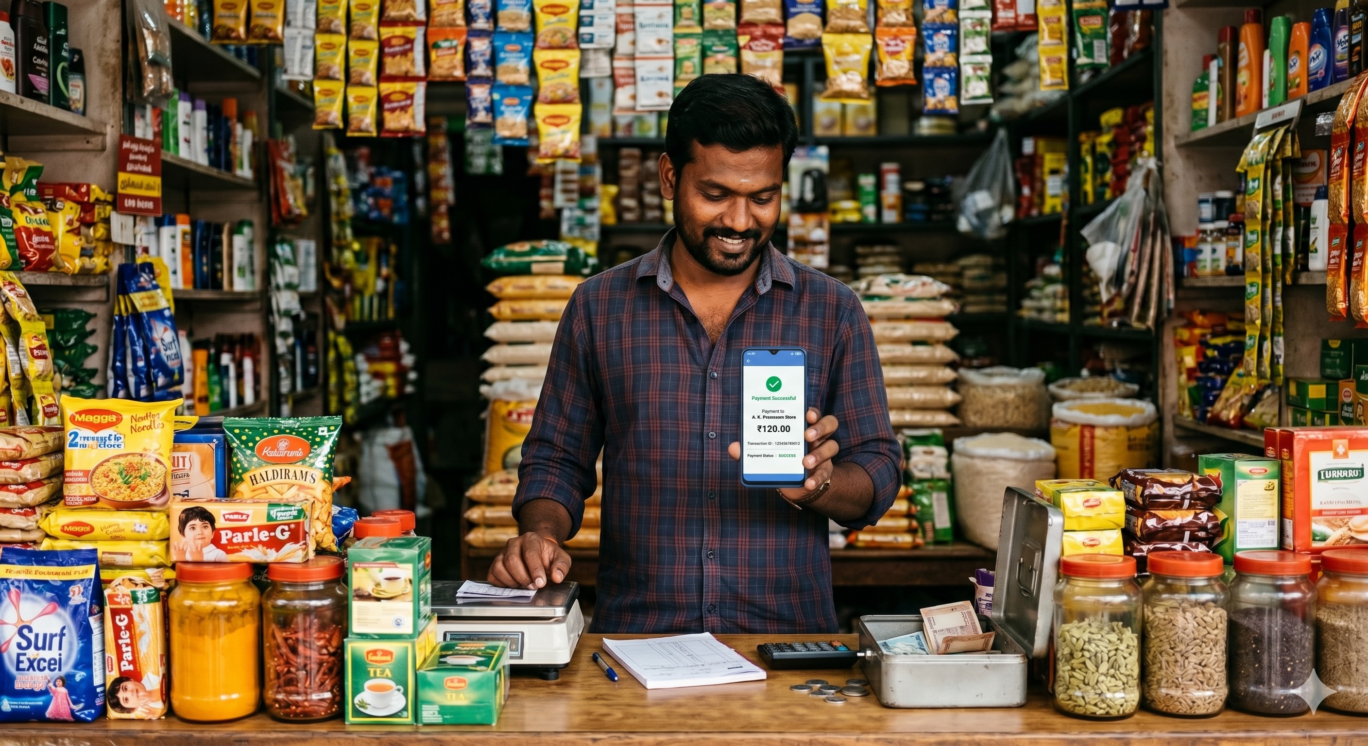 South Indian shop owner using UPI digital payment on mobile